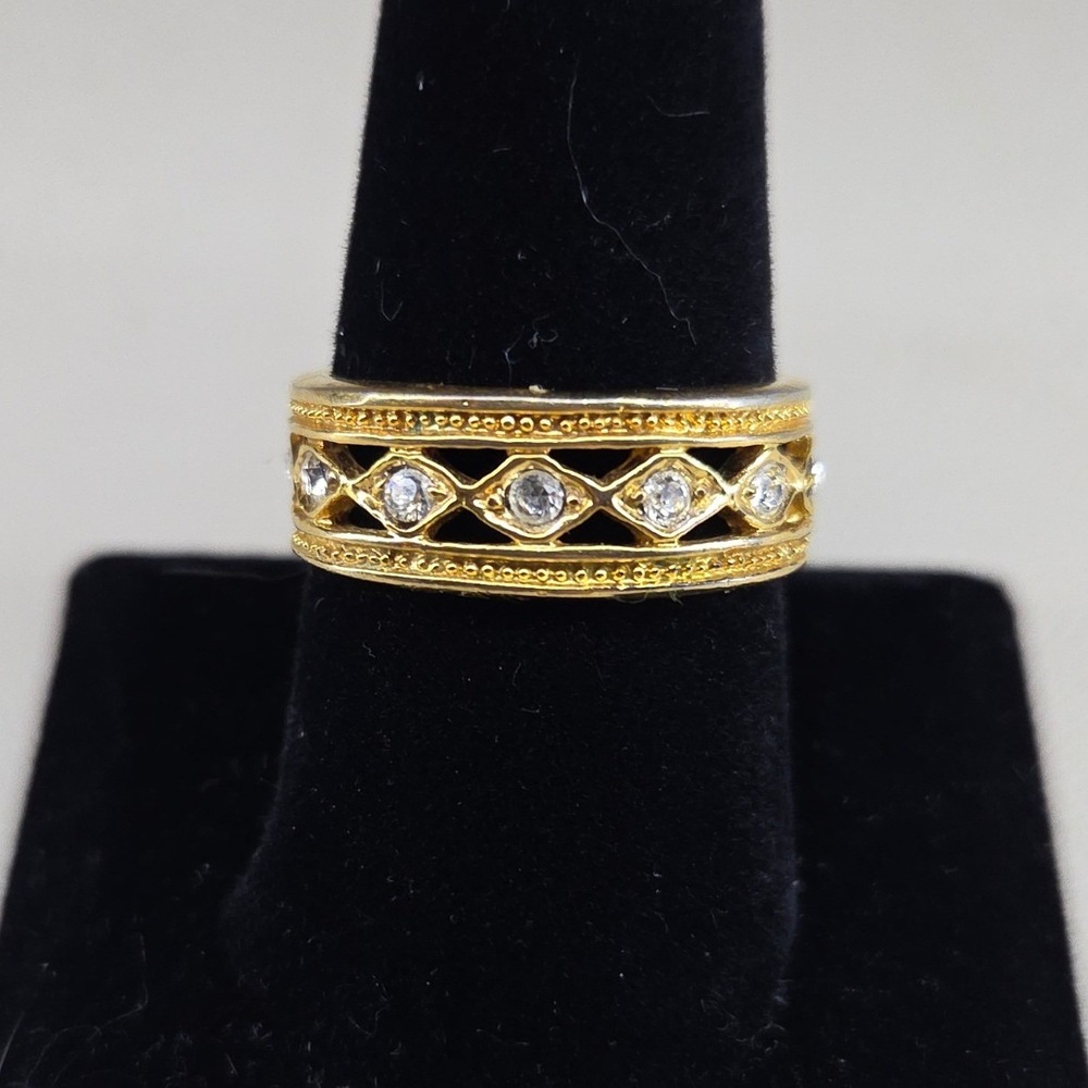 Gold Tone Filigree Eternity Band Ring Clear Crystal Bezel Set Size 10 Vintage